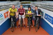 25 June 2013; Former Ireland Rugby International Mick Galway, left, Galway hurler Joe Canning, Neasa Ó Sé, duaghter of the late Kerry footballer Páidí Ó Sé, and former Dublin footballer Jason Sherlock. at the launch of the Croke Park to Ventry Cycling Sportive, a 3 day cycling event. You can register on www.paidiose.com. Croke Park, Dublin. Picture credit: Barry Cregg / SPORTSFILE