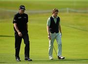 26 June 2013; Jockey Johnny Murtagh, right, with Paul Lawrie on the 5th fairway during the Irish Open Golf Championship 2013 Pro Am. Carton House, Maynooth, Co. Kildare. Picture credit: David Maher / SPORTSFILE