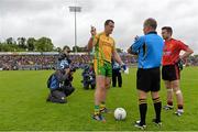 23 June 2013; Donegal captain Michael Murphy and Down captain Mark Poland with referee Eddie Kinsella before the match. Ulster GAA Football Senior Championship Semi-Final, Donegal v Down, Kingspan Breffni Park, Cavan. Picture credit: Brian Lawless / SPORTSFILE