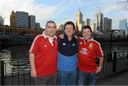 28 June 2013; British & Irish Lions supporters the Coughlan brothers, from left, Eddie, Danny and Pat, from Hacketstown, Co. Carlow, on The Yarra Promenade ahead of the Lions 2nd test match against Australia on Saturday. British & Irish Lions Tour 2013, Fans in Melboure, Australia. Picture credit: Stephen McCarthy / SPORTSFILE