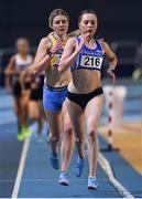11 January 2020; Jodie McCann, 216, of Dublin City Harriers A.C. leads Rachel Gibson of North Down A.C. as they compete in the Women's 1500m during the AAI National Indoor League Round 1 at National Indoor Arena, Sport Ireland Campus in Dublin. Photo by Ben McShane/Sportsfile