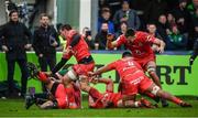 11 January 2020; Toulouse players celebrate after their side's second try scored by Julien Marchand during the Heineken Champions Cup Pool 5 Round 5 match between Connacht and Toulouse at The Sportsground in Galway. Photo by David Fitzgerald/Sportsfile