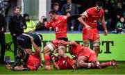 11 January 2020; Toulouse players celebrate after their side's second try scored by Julien Marchand during the Heineken Champions Cup Pool 5 Round 5 match between Connacht and Toulouse at The Sportsground in Galway. Photo by David Fitzgerald/Sportsfile