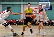 11 January 2020; Aaron Whelan of IT Carlow in action against Jarvis Pugh, left, and Jack O’Mahony of Fr Mathews  during the Hula Hoops Presidents National Cup Semi-Final match between IT Carlow Basketball and Fr Mathews at Parochial Hall in Cork. Photo by Sam Barnes/Sportsfile