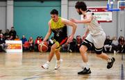 11 January 2020; Jordan Fallon of IT Carlow in action against Declan Cahill of Fr Mathews  during the Hula Hoops Presidents National Cup Semi-Final match between IT Carlow Basketball and Fr Mathews at Parochial Hall in Cork. Photo by Sam Barnes/Sportsfile