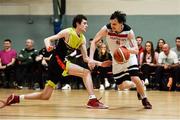 11 January 2020; Darko Bucan of Fr Mathews  in action against Sean Broderick of IT Carlow during the Hula Hoops Men's Presidents National Cup Semi-Final match between IT Carlow Basketball and Fr Mathews at Parochial Hall in Cork. Photo by Sam Barnes/Sportsfile
