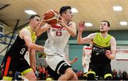 11 January 2020; David Murray of Fr Mathews  in action against Kevin Donohoe, left, and James Butler of IT Carlow during the Hula Hoops Men's Presidents National Cup Semi-Final match between IT Carlow Basketball and Fr Mathews at Parochial Hall in Cork. Photo by Sam Barnes/Sportsfile