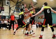 11 January 2020; Jack O’Mahony of Fr Mathews  in action against, from left, Duane Harper, Aaron Whelan and James Butler of IT Carlow during the Hula Hoops Men's Presidents National Cup Semi-Final match between IT Carlow Basketball and Fr Mathews at Parochial Hall in Cork. Photo by Sam Barnes/Sportsfile