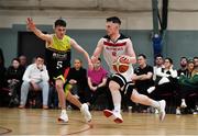 11 January 2020; Jack O’Mahony of Fr Mathews  in action against Jordan Fallon of IT Carlow during the Hula Hoops Men's Presidents National Cup Semi-Final match between IT Carlow Basketball and Fr Mathews at Parochial Hall in Cork. Photo by Sam Barnes/Sportsfile