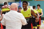 11 January 2020; Duane Harper of IT Carlow, right, and IT Carlow coach Martin Conroy  celebrate following the Hula Hoops Men's Presidents National Cup Semi-Final match between IT Carlow Basketball and Fr Mathews at Parochial Hall in Cork. Photo by Sam Barnes/Sportsfile