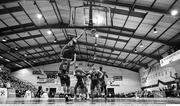 11 January 2020; (EDITOR'S NOTE: Image has been converted to black & white) Lorcan Murphy of Griffith College Templeogue dunks the ball over Roy Downey of Coughlan C&S Neptune during the Hula Hoops Men's Pat Duffy National Cup Semi-Final match between Griffith College Templeogue and Coughlan C&S Neptune at Neptune Stadium in Cork. Photo by Brendan Moran/Sportsfile