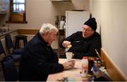 12 January 2020; Stewards Frank Brady, right, and Michael O'Flaherty have a cup of tea prior to the Walsh Cup Semi-Final match between Dublin and Galway at Parnell Park in Dublin. Photo by Harry Murphy/Sportsfile