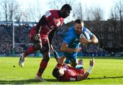 12 January 2020; Dave Kearney of Leinster dives over to score his side's first try during the Heineken Champions Cup Pool 1 Round 5 match between Leinster and Lyon at the RDS Arena in Dublin. Photo by Ramsey Cardy/Sportsfile