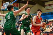 12 January 2020; Iarla McKeon of Templeogue in action against Paul Kelly and James Connaire of Moycullen during the Hula Hoops U20 Men's National Cup Semi-Final between Moycullen BC and Templeogue BC at Neptune Stadium in Cork. Photo by Brendan Moran/Sportsfile