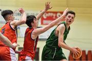 12 January 2020; James Connaire of Moycullen in action against Iarla McKeon, left, and Finn McKeon of Templeogue during the Hula Hoops U20 Men's National Cup Semi-Final between Moycullen BC and Templeogue BC at Neptune Stadium in Cork. Photo by Brendan Moran/Sportsfile