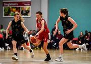 12 January 2020; Kelly Sexton of Singleton Supervalu Brunell in action against Ciara Byrne, left, and Grainne O’Reilly of Portlaoise Panthers during the Hula Hoops U18 Women's National Cup Semi-Final between Portlaoise Panthers and Singleton Supervalu Brunell at Parochial Hall in Cork. Photo by Sam Barnes/Sportsfile