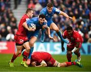 12 January 2020; Robbie Henshaw of Leinster supported by team-mate Garry Ringrose is tackled by Toby Arnold of Lyon during the Heineken Champions Cup Pool 1 Round 5 match between Leinster and Lyon at the RDS Arena in Dublin. Photo by David Fitzgerald/Sportsfile