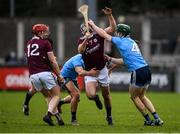 12 January 2020; Johnny Coen of Galway is tackled by James Madden, right, and Cian Boland of Dublin during the Walsh Cup Semi-Final match between Dublin and Galway at Parnell Park in Dublin. Photo by Harry Murphy/Sportsfile