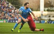 12 January 2020; Jamison Gibson-Park of Leinster is tackled by Jeremie Maurouard of Lyon during the Heineken Champions Cup Pool 1 Round 5 match between Leinster and Lyon at the RDS Arena in Dublin. Photo by David Fitzgerald/Sportsfile