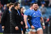 12 January 2020; Andrew Porter of Leinster, right, and team-mate Cian Healy share a joke following the Heineken Champions Cup Pool 1 Round 5 match between Leinster and Lyon at the RDS Arena in Dublin. Photo by David Fitzgerald/Sportsfile