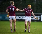12 January 2020; David Glennon, right, and Sean Bleahane of Galway embrace following the Walsh Cup Semi-Final match between Dublin and Galway at Parnell Park in Dublin. Photo by Harry Murphy/Sportsfile