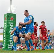 12 January 2020; Max Deegan of Leinster celebrates with team-mate Rhys Ruddock after scoring his side's fourth try during the Heineken Champions Cup Pool 1 Round 5 match between Leinster and Lyon at the RDS Arena in Dublin. Photo by Ramsey Cardy/Sportsfile