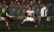 12 January 2020; Brian Walsh of Mayo takes the last penalty of the penalty shoot-out, that hit the crossbar, to ensure a Galway win, as Galway goalkeeper Conor Gleeson looks on during the FBD League Semi-Final match between Mayo and Galway at Elverys MacHale Park in Castlebar, Mayo. Photo by Piaras Ó Mídheach/Sportsfile