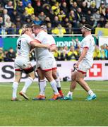 11 January 2020; Jack McGrath, Rob Herring and Billy Burns of Ulster congratulate team-mate John Cooney after he scored Ulster's first try during the Heineken Champions Cup Pool 3 Round 5 match between ASM Clermont Auvergne and Ulster at Stade Marcel-Michelin in Clermont-Ferrand, France. Photo by John Dickson/Sportsfile