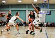 12 January 2020; Sarah Kenny of Trinity Meteors in action against Kollyns Scarbrough, right, and Alex Mulligan of Ulster University during the Hula Hoops Women's Division One National Cup Semi-Final between Ulster University and Trinity Meteors at Parochial Hall in Cork. Photo by Sam Barnes/Sportsfile