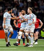 12 January 2020; Boris Palu of Racing 92, left, is congratulated by team-mates Hassane Kolingar, centre, and Antonie Claassen following a turn-over during the Heineken Champions Cup Pool 4 Round 5 match between Racing 92 and Munster at Paris La Defence Arena in Paris, France. Photo by Seb Daly/Sportsfile