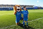 12 January 2020; Matchday mascot 9 year old Kian Haberlin, from New Ross, Co. Wexford, with Leo The Lion at the Heineken Champions Cup Pool 1 Round 5 match between Leinster and Lyon at the RDS Arena in Dublin. Photo by Ramsey Cardy/Sportsfile