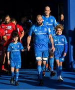 12 January 2020; Matchday mascots 9 year old Kian Haberlin and 13 year old Dan Kelly with Leinster captain Scott Fardy at the Heineken Champions Cup Pool 1 Round 5 match between Leinster and Lyon at the RDS Arena in Dublin. Photo by Ramsey Cardy/Sportsfile