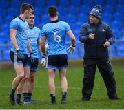 11 January 2020; Dublin manager Dessie Farrell in conversation with Tom Lahiff, 20, Niall McGovern and Graham Hannigan of Dublin before the O'Byrne Cup Semi-Final match between Longford and Dublin at Glennon Brothers Pearse Park in Longford. Photo by Ray McManus/Sportsfile