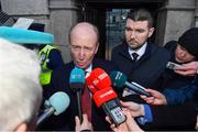 14 January 2020; Minister for Transport, Tourism and Sport Shane Ross T.D., left, and Minister of State for Tourism and Sport Brendan Griffin T.D, speak to members of the media following the UEFA meeting with the Department of Transport, Tourism and Sport at Leinster House in Dublin. Photo by Sam Barnes/Sportsfile