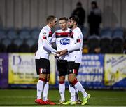 17 January 2020; Will Patching of Dundalk, right, celebrates after scoring his side's third goal with team-mates Georgie Kelly and Patrick McEleney during the Pre-Season Friendly match between Dundalk and UCD at Oriel Park in Dundalk, Co. Louth. Photo by Harry Murphy/Sportsfile