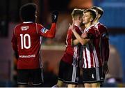 17 January 2020; Ciaron Harkin, second from right, of Derry City celebrates after scoring his side's first goal with team-mates, from left, Walter Figueria, Conor Clifford and Steven Mallon during the Pre-Season Friendly between Drogheda United and Derry City at United Park in Drogheda, Co. Louth. Photo by Ben McShane/Sportsfile