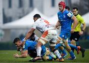 18 January 2020; Garry Ringrose of Leinster is tackled by Tito Tebaldi, left, and Toa Halafihi of Benetton during the Heineken Champions Cup Pool 1 Round 6 match between Benetton and Leinster at the Stadio Comunale di Monigo in Treviso, Italy. Photo by Ramsey Cardy/Sportsfile