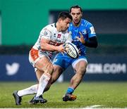18 January 2020; Luca Morisi of Benetton in action against James Lowe of Leinster during the Heineken Champions Cup Pool 1 Round 6 match between Benetton and Leinster at the Stadio Comunale di Monigo in Treviso, Italy. Photo by Ramsey Cardy/Sportsfile