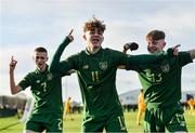 18 January 2020; Kevin Zefi of Republic of Ireland, centre, celebrates with team-mates Adam Murphy, left, and Alex Nolan, after scoring his side's first goal during the International Friendly match between Republic of Ireland U15 and Australia U17 at FAI National Training Centre in Abbotstown, Dublin. Photo by Seb Daly/Sportsfile