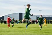 18 January 2020; Kevin Zefi of Republic of Ireland celebrates after scoring his side's first goal during the International Friendly match between Republic of Ireland U15 and Australia U17 at FAI National Training Centre in Abbotstown, Dublin. Photo by Seb Daly/Sportsfile