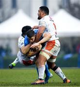 18 January 2020; Garry Ringrose of Leinster is tackled by Tito Tebaldi, left, and Toa Halafihi of Benetton during the Heineken Champions Cup Pool 1 Round 6 match between Benetton and Leinster at the Stadio Comunale di Monigo in Treviso, Italy. Photo by Ramsey Cardy/Sportsfile