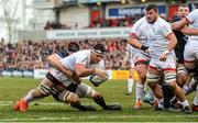 18 January 2020; Marcell Coetzee of Ulster scores his side's first try despite the tackle of Josh Bayliss of Bath during the Heineken Champions Cup Pool 3 Round 6 match between Ulster and Bath at Kingspan Stadium in Belfast. Photo by Oliver McVeigh/Sportsfile