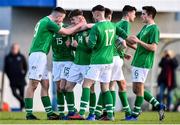 18 January 2020; Brian Ahern, 14, of Republic of Ireland celebrates after scoring his side's first goal with his team-mates during the U18 Schools International Friendly between Republic of Ireland and Australia at Home Farm, Whitehall in Dublin. Photo by Ben McShane/Sportsfile