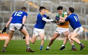 18 January 2020; Eoin Carroll of Offaly in action against Daniel Mimnagh, right, and Iarla O'Sullivan of Longford during the 2020 O'Byrne Cup Final between Offaly and Longford at Bord na Mona O'Connor Park in Tullamore, Offaly. Photo by David Fitzgerald/Sportsfile