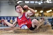 18 January 2020; Eoin Sharkey of Tír Chonaill A.C., Co. Donegal, competing in the Long Jump in the Senior Men's combined events during the Irish Life Health Indoor Combined Events All Ages at Athlone International Arena, AIT in Athlone, Co. Westmeath. Photo by Sam Barnes/Sportsfile