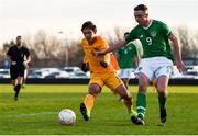 18 January 2020; Kyle Robinson of Republic of Ireland in action against Jay McGowan of Australia during the U18 Schools International Friendly between Republic of Ireland and Australia at Home Farm, Whitehall in Dublin. Photo by Ben McShane/Sportsfile