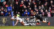 18 January 2020; Robert Baloucoune of Ulster goes over for his sides second try before being tackled by Ollie Fox of Bath during the Heineken Champions Cup Pool 3 Round 6 match between Ulster and Bath at Kingspan Stadium in Belfast. Photo by Oliver McVeigh/Sportsfile