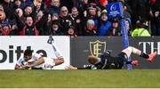 18 January 2020; Robert Baloucoune of Ulster scores his side's second try despite the efforts of Ollie Fox of Bath during the Heineken Champions Cup Pool 3 Round 6 match between Ulster and Bath at Kingspan Stadium in Belfast. Photo by Oliver McVeigh/Sportsfile