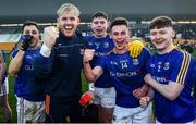 18 January 2020; Longford players, including Paddy Collum, Andrew Farrell and Joseph Hagan celebrate following the 2020 O'Byrne Cup Final between Offaly and Longford at Bord na Mona O'Connor Park in Tullamore, Offaly. Photo by David Fitzgerald/Sportsfile