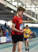 18 January 2020; John Doyle of Fanahan Mc Sweeney A.C., Co. Cork, celebrates after winning the 800m event in the U14 Men's combined events  during the Irish Life Health Indoor Combined Events All Ages at Athlone International Arena, AIT in Athlone, Co. Westmeath. Photo by Sam Barnes/Sportsfile